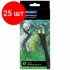 Комплект 25 шт, Карандаши цветные BRAUBERG "Artist line", 12 цветов, черный корпус, заточенные, высшее качество, 180539