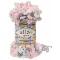 Пряжа Alize Puffy Color/Пуффи Колор/ 9м, 100 г / 5864 белый-голубой-розовый - 3 моток