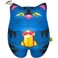 Мягкая игрушка - подушка антистресс Штучки, к которым тянутся ручки Кот с подарком, синий, символ года 2023, подарок на новый год