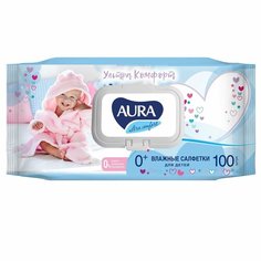AURA ULTRA COMFORT Влажные салфетки для детей с экстрактом алоэ и витамином Е с крышкой 100шт КК/12 коттон клаб