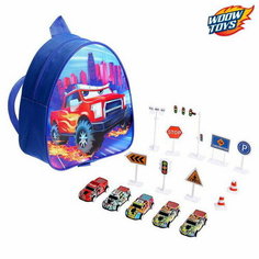 Рюкзак с игрушками "Тачка", набор машинок 5 шт, дорожные знаки Woow Toys