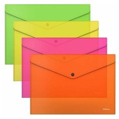 Папка-конверт на кнопке А4, 180 мкм, ErichKrause Glossy Neon, глянцевая, пластиковая, полупрозрачная, цвет - микс, 12 шт.