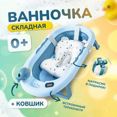 Ванночка для купания новорожденных / детская ванночка синяя / 81*51*22 с термометром и подушкой / ванночка складная Bombitto Kids