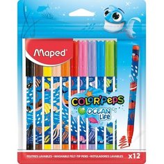 Фломастеры 12 цветов Maped COLORPEPS OCEAN LIFE, суперсмываемые, декорированные, европодвес