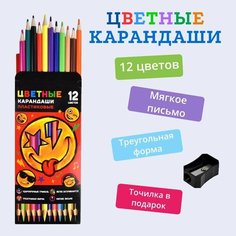 Карандаши цветные пластиковые набор 12 шт для рисования и творчества с точилкой RED Bird