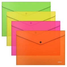 Папка-конверт на кнопке А4, 180 мкм, ErichKrause Glossy Neon, глянцевая, пластиковая, полупрозрачная, микс