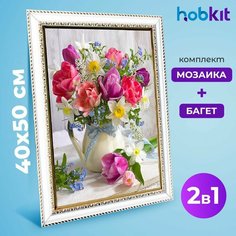 Алмазная мозаика полная выкладка HOBKIT "Букет тюльпанов 40х50+Багет белый " 50х40 размер холста,