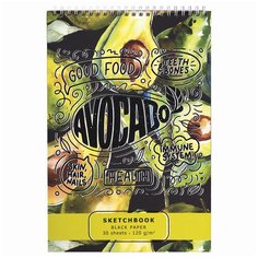 Скетчбук, черная бумага 120 г/м2, 195х300 мм, 30 л, гребень, SoftTouch, выборочный лак, "Авокадо", 97644 Полотняно Заводская Бумажная Мануфактура