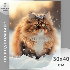 Алмазная мозаика на подрамнике, Картина стразами, Алмазное хобби "Кот на снегу" 30х40