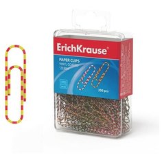 Скрепки канцелярские 28 мм, цветные, 200 штук Erich Krause "Зебра", с виниловым покрытием, пластиковый бокс