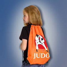 Сумка мешок для любителей дзюдо с изображением дзюдоистов и надписью JUDO, оранжевого цвета