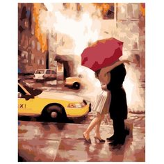 Картина по номерам, "Живопись по номерам", 40 x 50, DA07, Влюблённые, поцелуй, дождь, зонт, картинки, любовь, Париж, такси, дождь