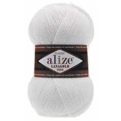Пряжа Alize Lanagold Fine, 49 % шерсть, 51 % акрил, 100 г, 390 м, 5 шт., 55 белый
