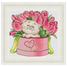 Набор для вышивания крестиком "Котик с тюльпанами" 24х23 см Чудо Холст