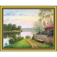 Алмазная мозаика на подрамнике 40*50 "Домик в деревне у пруда" полная выкладка круглые стразы Нет бренда