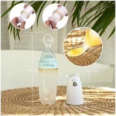 Бутылочка для кормления малышей с ложкой дозатором Baby Nice 120мл, от 4 месяцев, силиконовая, бирюза /ложка бутылочка для кормления
