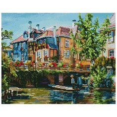 Алмазная мозаика Белоснежка "Франция. Кольмар" / Набор алмазной мозаики 40х50 см / На подрамнике / Полная выкладка / Дом / Речка / Мост / Цветы