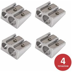 Точилка для чернографитных и цветных карандашей с контейнером 2 диаметров металлическая Brauberg Style, Комплект 4 штуки, 880447