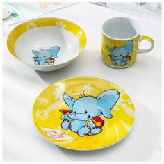 Набор детской посуды Доляна «Слонёнок», 3 предмета: кружка 230 мл, миска 400 мл, тарелка d=18 см
