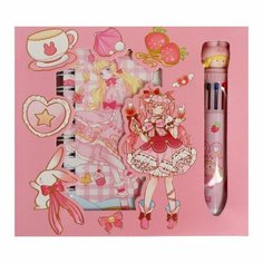 Записная книжка в подарочной коробке А6, 50 листов, линия,+ручка шариковая 10-цв, Аниме, Calligrata, розовая