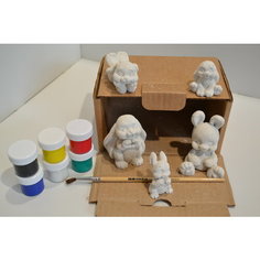 Гипсовые фигурки для раскрашивания. Набор. Краски, кисточка, 5 гипсовых зайчиков. Ларчик сокровищь.