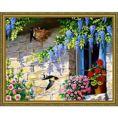 Алмазная мозаика на подрамнике 40*50 "Ласточки и дом в цветах" Нет бренда