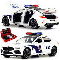 Металлическая машинка 1:24 BMW M8 Полиция, 21 см, инерционная, свет, звук / Белый Denco.Store