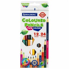 Карандаши цветные 24 цвета Brauberg Premium Twin Colour (L=176мм, мягкие, двусторонние) 12шт. (181874), 12 уп.