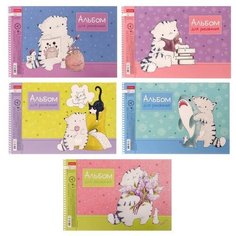 Альбом для рисования А4, 32 листа на гребне "Приключения кота Пирожка", обложка мелованный картон, перфорация на отрыв, блок 100 г/м2, 5 дизайнов микс Hatber