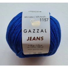 Пряжа полухлопок Gazzal Jeans/Газзал Джинс - василек (1157), 1 шт, 58% хлопок, 42% акрил, 170м/50гр, для вязания игрушек, одежды и сумок