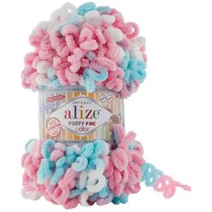 Пряжа Alize Puffy fine color белый-розовый-бирюза (6377), 100%микрополиэстер, 14,5м, 100г, 2шт