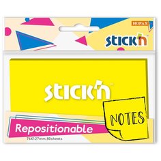 Блок самоклеящийся бумажный Stick n 27078 размер 76x126 мм, 80 листов, 70 г/м2, цвет желтый неон, 1 цвет в упаковке, коробка 12 шт. (1421574) Stickn