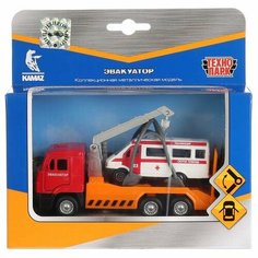Машина металл KAMAZ эвакуатор, 12 см, дв, инерц.+машинка 7,5 см, кор. Технопарк