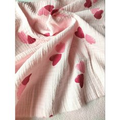 2 метра. Муслин двухслойный жатый. Хлопок 100%, отрез 200*140 см. Розовые сердечки. Ткань для шитья и рукоделия. Нет бренда