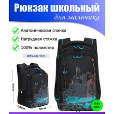 Рюкзак мужской молодежный, Рюкзак школьный для мальчика подростка, с ортопедической спинкой, для средней и старшей школы, GRIZZLY (черный - бирюзовый)