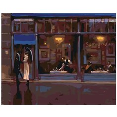 Картина по номерам, "Живопись по номерам", 40 x 50, BL05, Он и она, влюблённые, зонт, дождь, здание, ресторан, улица, пейзаж, Брент Линч