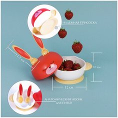 Комплект детской посуды Заяц, тарелка из силикона на присоске, крышка, вилка, ложка, красный Baby Nice