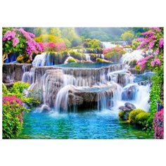Алмазная мозаика на холсте с подрамником (картина стразами, алмазная вышивка) Водопад среди цветов 40x50 см. Boom Boom Shop