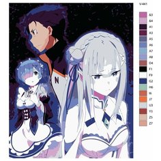 Картина по номерам V-441 "Аниме RE: ZERO (РЕ зеро). Субару Нацуки и Рем, Эмилия. Natsuki Subaru и Rem, Emilia", 40x50 см Brushes Paints