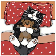 Картина по номерам, "Живопись по номерам", 72 x 72, A281, иллюстрация, кот, игрушка, животное, домашний, кровать, подушка, одеяло, сон