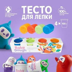 Тесто для лепки BabyDough, набор 4 цвета (синий, нежно-зеленый, красный, оранжевый) ВОЛШЕБНЫЙ МИР