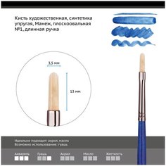 Кисть художественная Гамма "Манеж", синтетика упругая, плоскоовальная, длинная ручка, №1 (503001), 6шт. Gamma