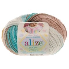 Пряжа Alize Baby Wool Batik (Ализе Беби Вул батик) цвет 6320 белый-бирюза-коричневый, 40% шерсть, 20% бамбук, 40% акрил, 175 м, 50г х5 шт