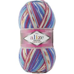 Пряжа Alize Superwash comfort socks белый-синий-бирюзовый-цикламен (7654), 75%шерсть/25%полиамид, 420м, 100г, 3шт