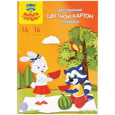 Картон цветной А4 двустор, Мульти-Пульти, 16л, 16цв, мелованный, в папке, "Приключения Енота" - 3 шт.