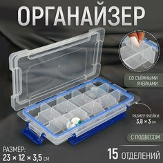 Органайзер для рукоделия, со съёмными ячейками, с подвесом, 15 отделений, 23 × 12 × 3,5 см, цвет прозрачный/синий Арт Узор