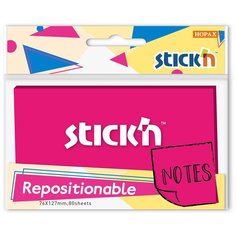 Блок самоклеящийся бумажный Stick n 27079 размер 76x126 мм, 80 листов, 70 г/м2, цвет пурпурный неон, 1 цвет в упаковке, коробка 12 шт. (1421575) Stickn
