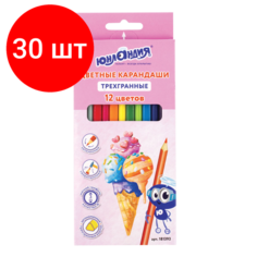 Комплект 30 шт, Карандаши цветные юнландия "сладкие истории", 12 цветов, трехгранные заточенные, 181393