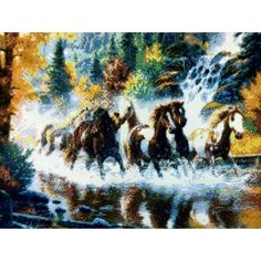 Алмазная мозаика квадратные стразы 40*50 табун лошадей, река, лес, горный пейзаж, природа, конь, животные, Kakadu