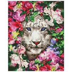 Алмазная мозаика "Белый барс в цветах", 40x50 см, ВанГогВоМне